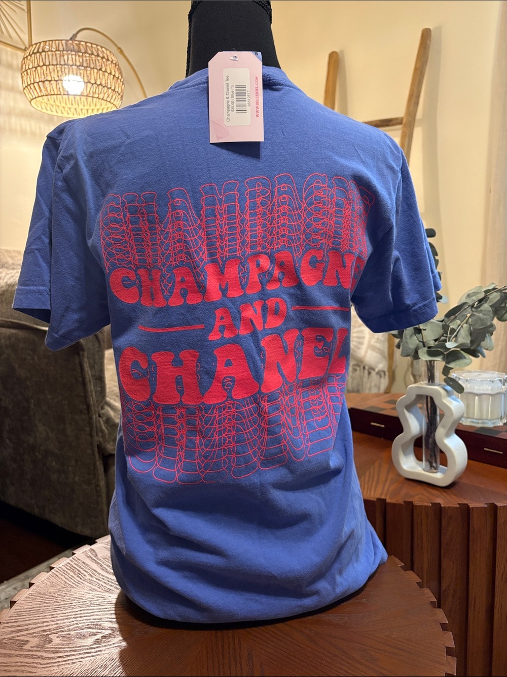 Champagne and Chanel Graphic Tee - Blue with Pink Print